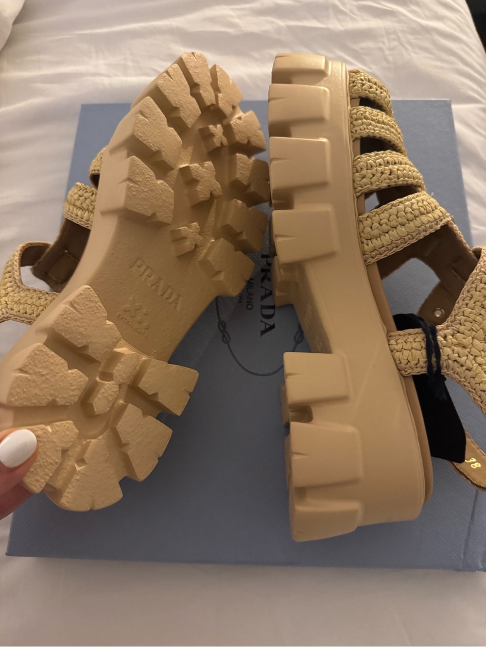 Prada Women’s Cream Woven Fisherman Sandals with Gold Logo - Picture 6 of 6